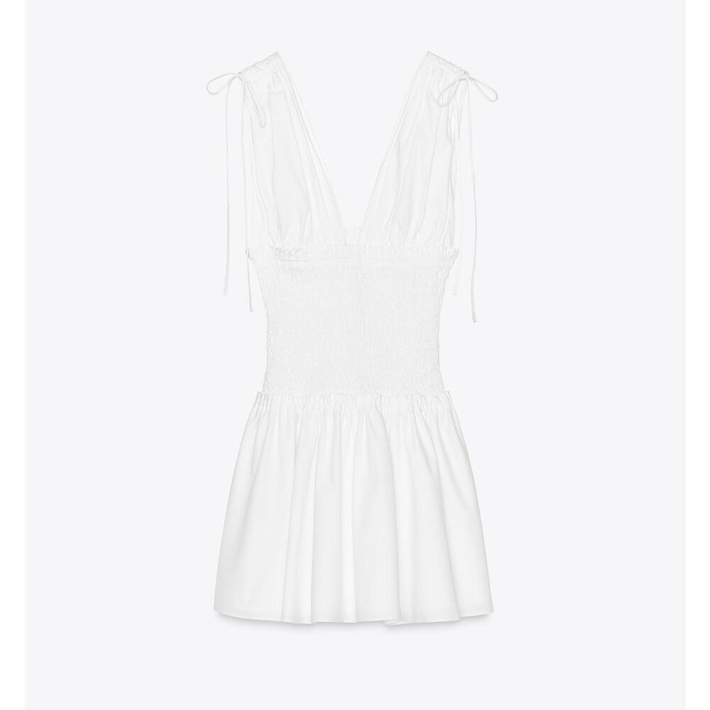 Zara NWT White Smocked Tie Shoulder Cotton Mini Dress L - Picture 15 of 16